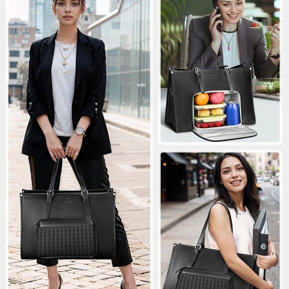 Laptop Tote Bag with Insulated Lunch Compartment, 15.6 Inch PU Leather Briefcase - Picture 7 of 9